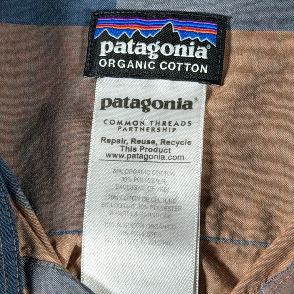 Patagonia Mens Organic Cotton Plaid Short Sleeve Button Down Shirt Brown Blue L - Picture 9 of 13
